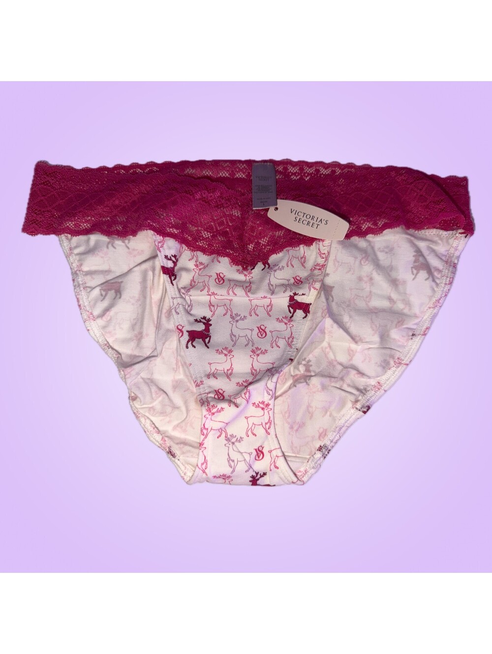Victoria's Secret Pink Reindeer Christmas Lace Waistband Panty Large NWT